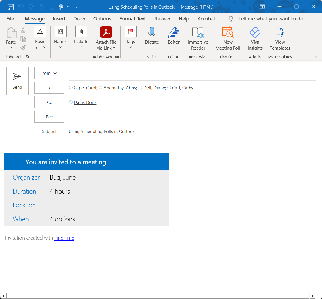 An example FindTime Scheduling Poll email showing the table that FindTime inserts to prompt users to vote on a time that works for them.