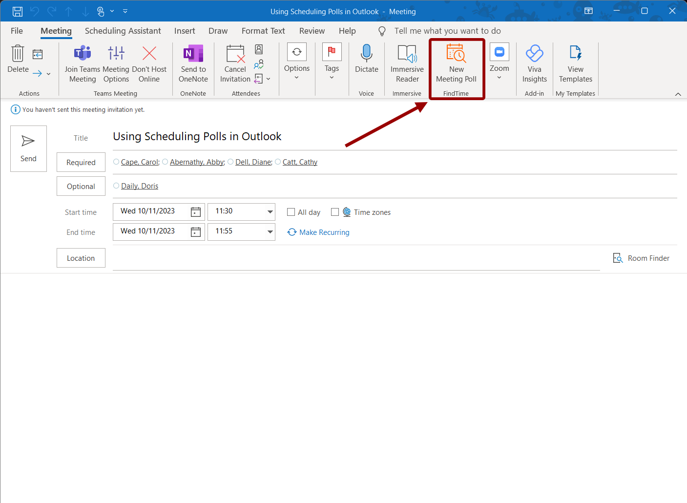 A new Outlook meeting invite with the Meeting Poll button highlighted and indicated with an arrow.