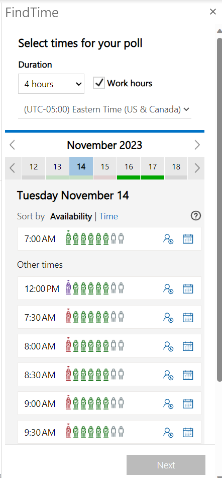 The FindTime scheduling poll sidebar with a date and time selected for the attendees to show their availability.