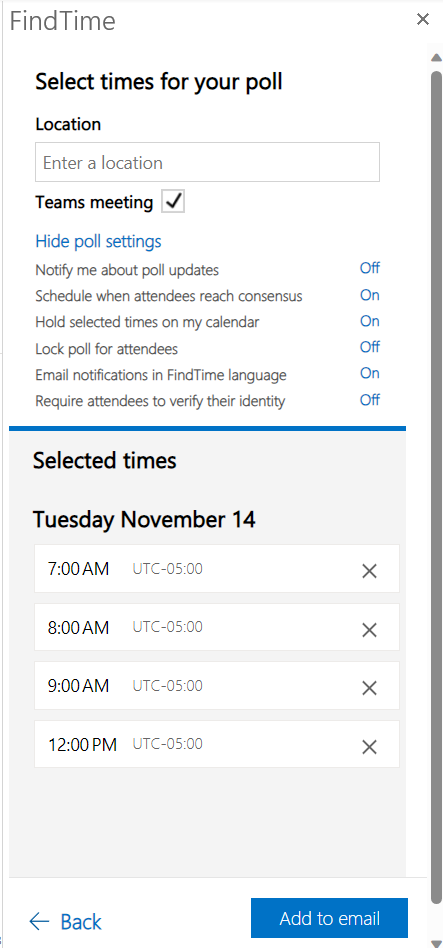The FindTime sidebar showing the Scheduling Poll's settings.