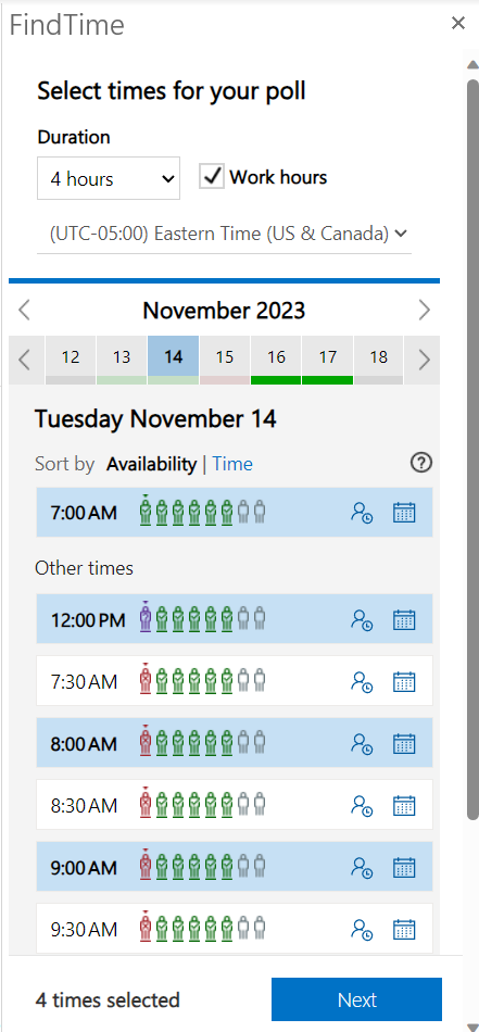After selecting a time, the scheduling poll sidebar shows you individuals' availability. 