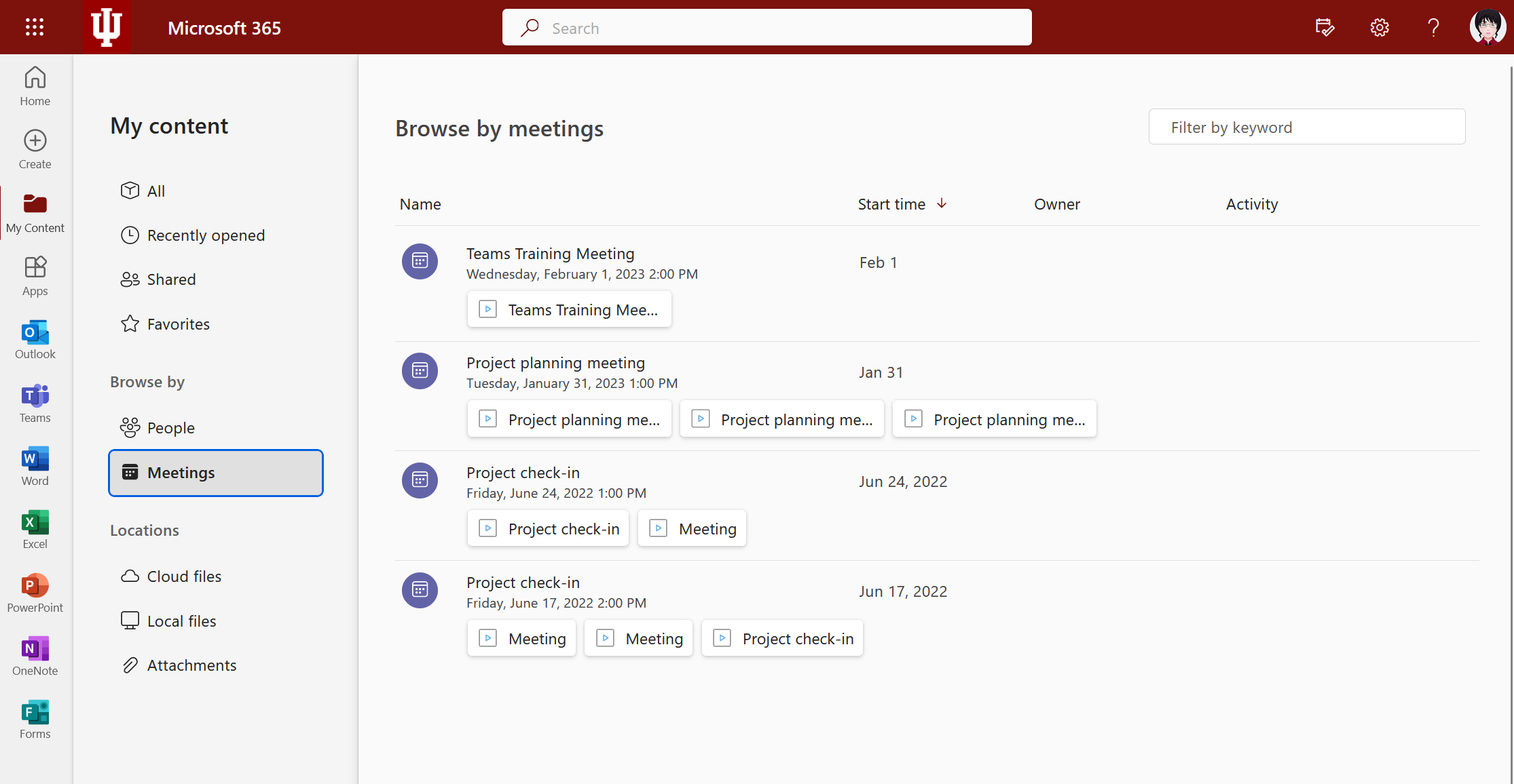 Microsoft 365 app, My Content showing the Meetings view selected.
