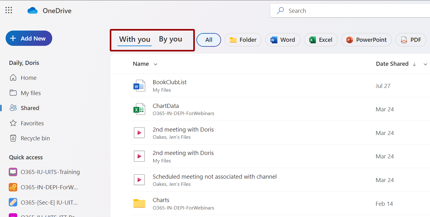OneDrive Shared highlighting the Shared with me and Shared by me options.