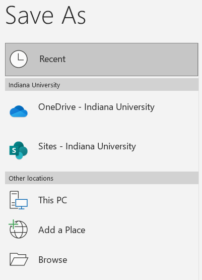 The Save As location options in the Save menu item of the File tab in Microsoft Word.