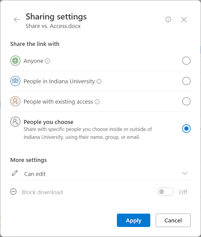 The share dialog box showing all the different access methods available in Microsoft 365. Descriptions follow.