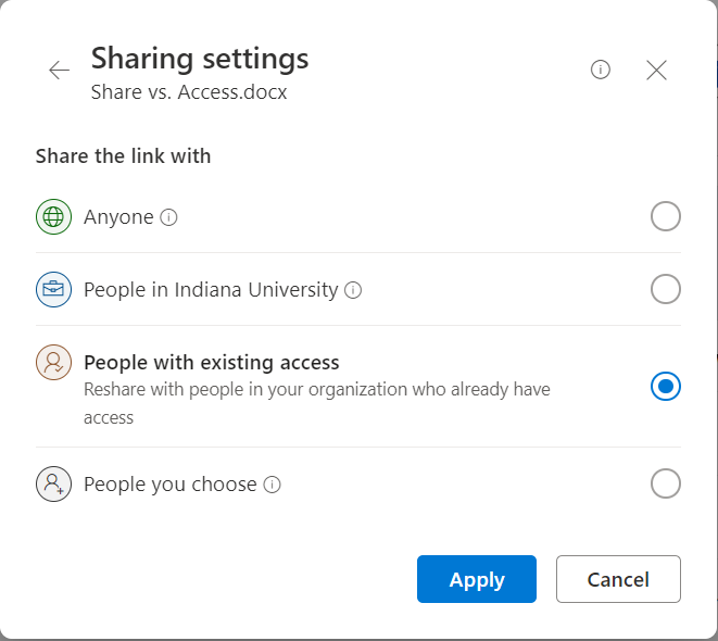The share dialog with the Existing Access method selected