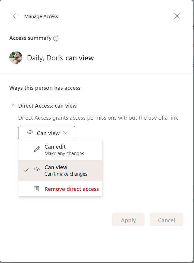 the access summary for a particular user with the modify access options expanded