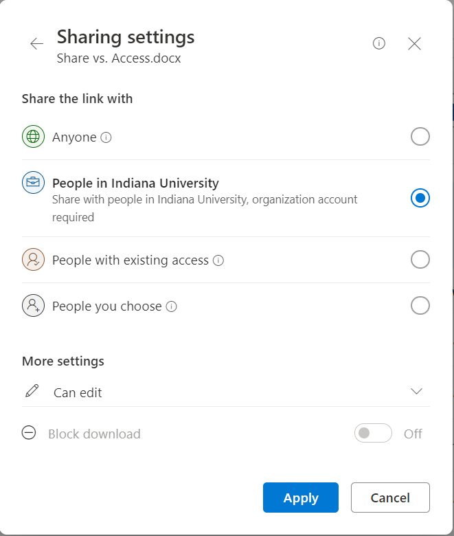 The share dialog with the Anyone at IU method selected.