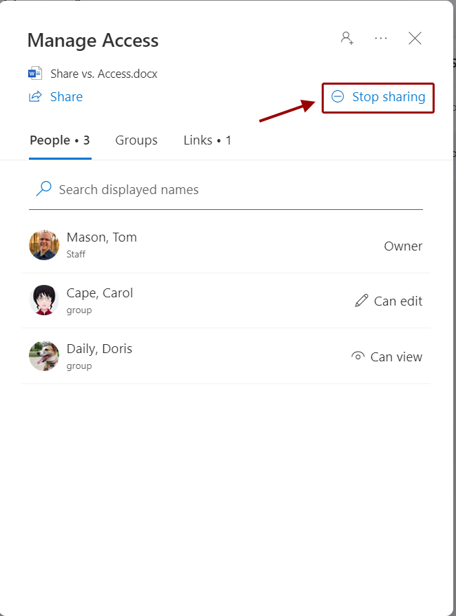 the manage access dialog with the stop sharing option highlighted