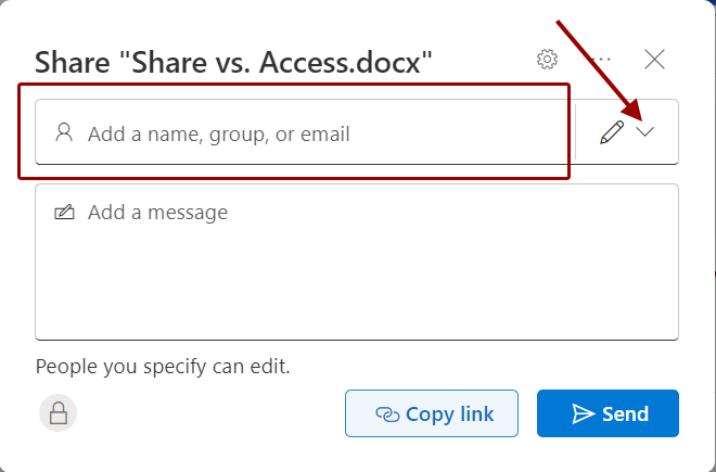 The Share dialog in Microsoft 365 with the Add users or groups highlighted with a crimson rectangle and the permission level indicated with a crimson arrow.