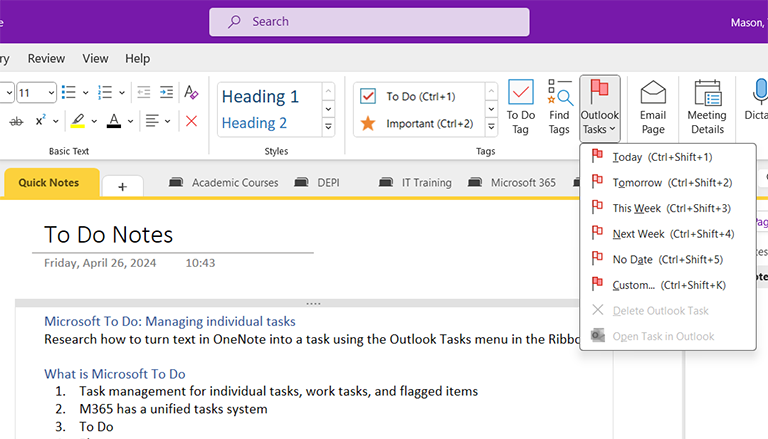 The same note in OneNote with the Outlook Tasks menu expanded showing the same task options that exist in Outlook.