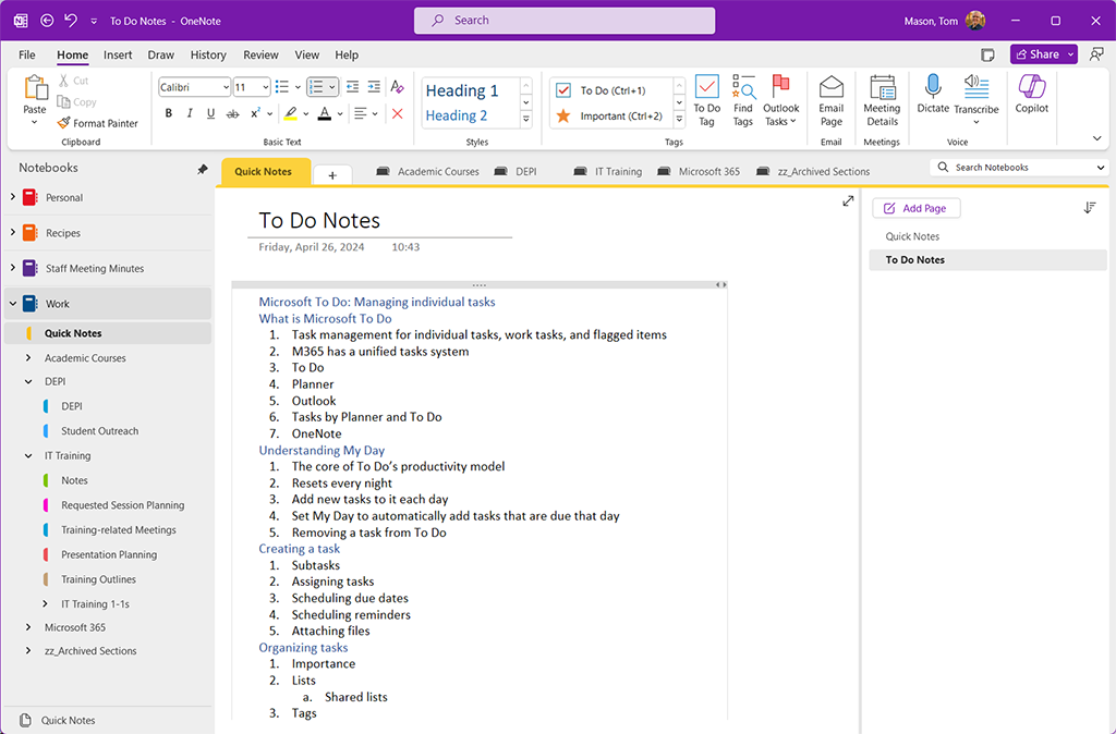 OneNote desktop for Windows showing the full interface.