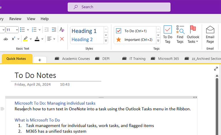 Note contents in OneNote showing that the cursor is placed within a paragraph.