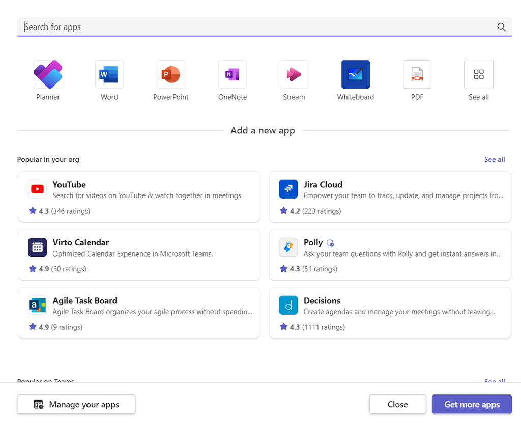 The add an application dialog box for adding a tab to a channel in the Microsoft Teams teams app.