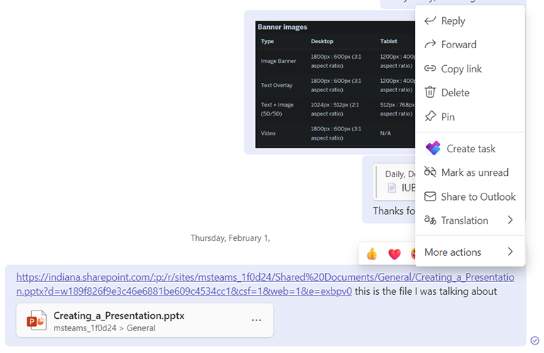 the more options context menu for a chat message in Microsoft Teams chat app.