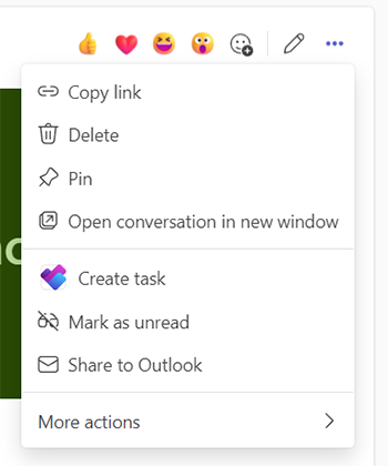 the more options context menu for a conversation or reply in Microsoft Teams. 