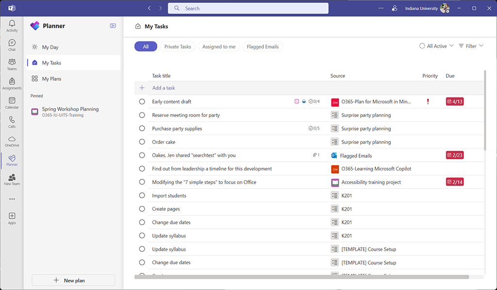 The Microsoft Teams planner app default landing screen.