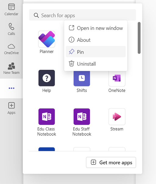 The expanded context menu for an app showing the options available including pin.