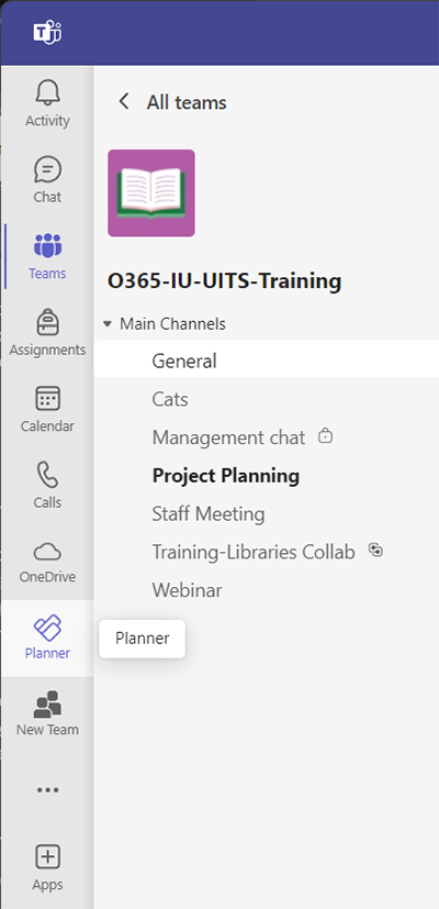 The teams application bar showing the planner app now pinned.