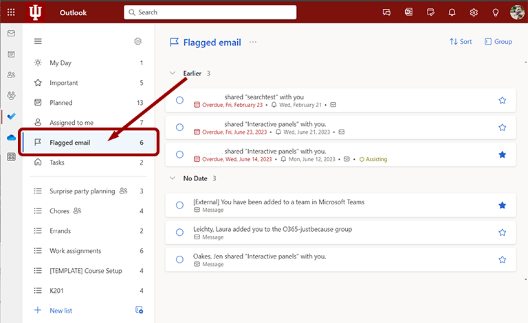 The Flagged email list in To Do showing where to find the Flagged email list within the app.