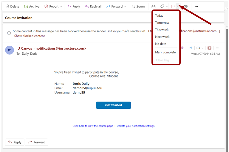 A message open in a new window on Outlook for the web with the Flag menu expanded from the ribbon showing the due date options.