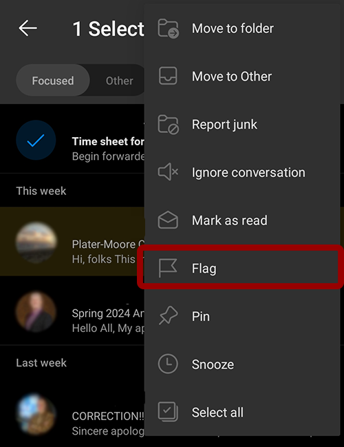 Outlook mobile with a message selected and the context menu open to show the flag options.