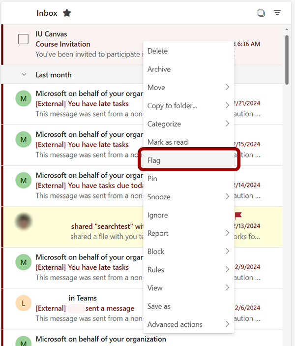 A message in the Outlook for web inbox showing the right-click context menu with the flag option highlighted.