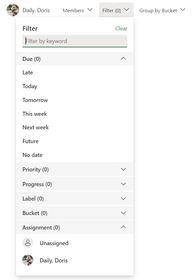The plan filters menu expanded showing all the available filtering options.