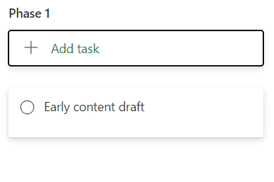 The Phase 1 bucket showing one simple task named early content draft. 