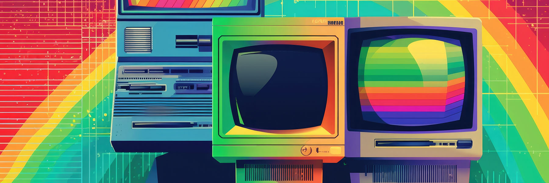 A brightly colored array of old school computer screens and equipment with a rainbow colored background.