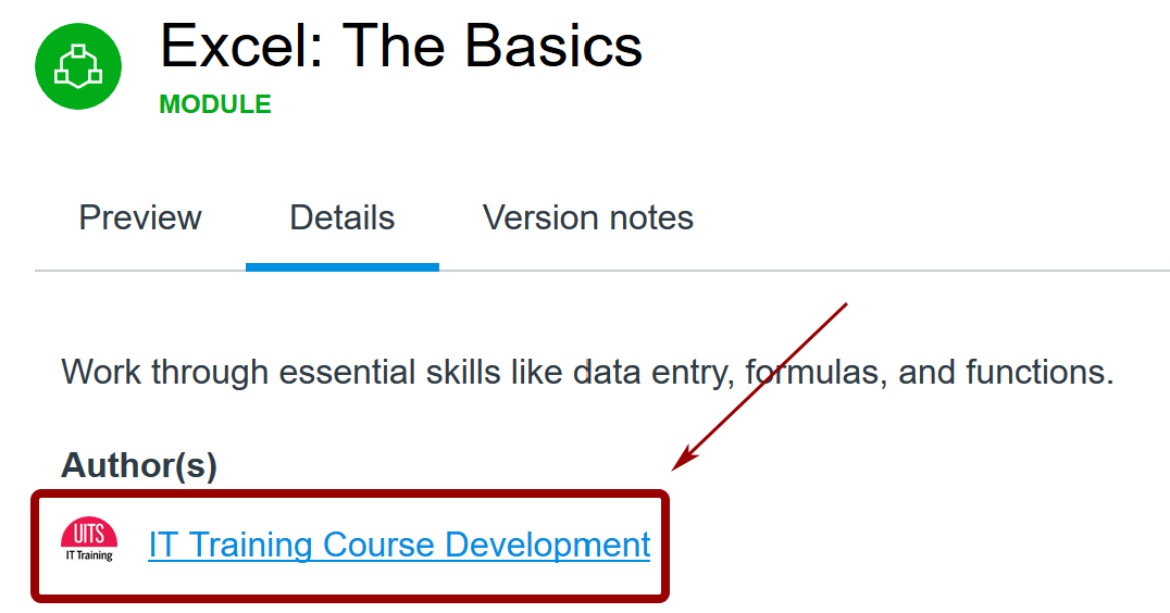 Canvas Commons details page for Excel: The Basics highlighting IT Training Course Development