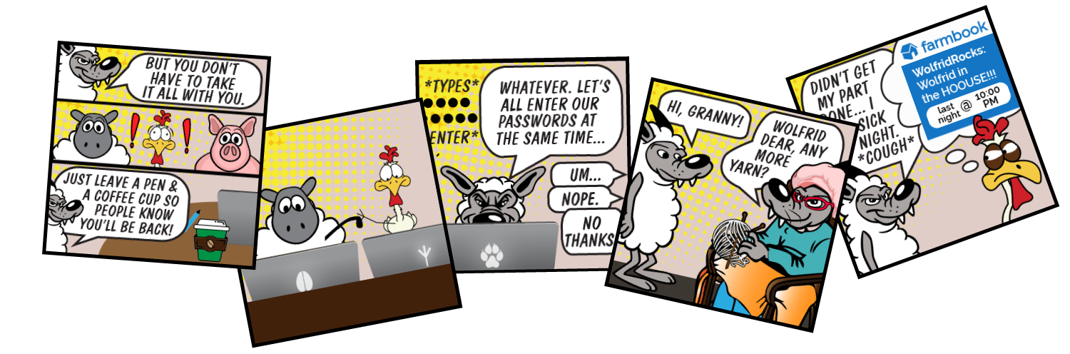 Several example comics from the course; comics in the course all contain alternative text for accessibility.