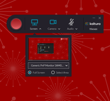 Screenshot of the Kaltura Capture interface, displaying options for recording your screen, camera, and audio. A preview of the user's screen is displayed underneath the Screen option.