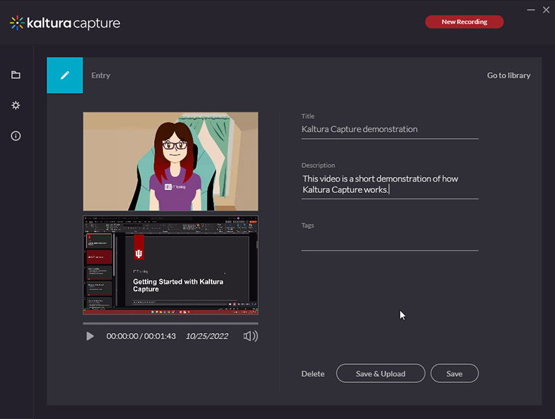 The Kaltura Capture window shown after completing a recording. The window contains a preview of the recorded video, and has fields where the user can enter the video's title, description, and tags.