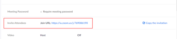 Screenshot of a section of the Meeting Details page, with a rectangle around the Join URL for a meeting.
