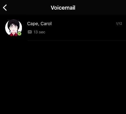 List of voicemails in the Microsoft Teams Mobile app. There is one voicemail in the list, from Carol Cape.