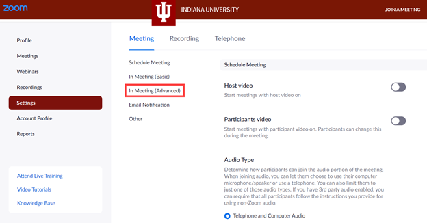 Screenshot of the Meeting settings in Zoom.