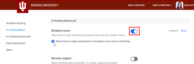 Screenshot showing the Breakout room option on the Meeting settings page in Zoom.