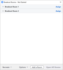 Screenshot of the Breakout Rooms dialog box, showing two empty breakout rooms.