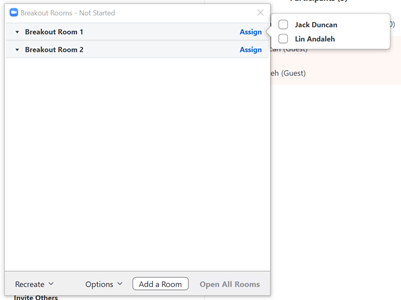 Screenshot of the Breakout Rooms dialog box. The user has clicked Assign next to Breakout Room 1 to assign participants to it, and a pop up appears with participant names in it.