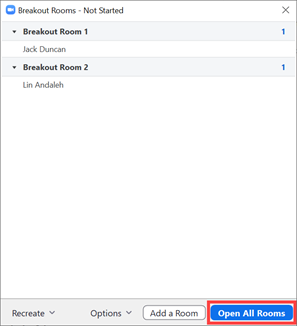 Screenshot of the Breakout Rooms dialog box, with participants added to breakout rooms. The Open All Rooms dialog box is called out with a red rectangle.