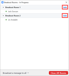 Screenshot of the Breakout Rooms dialog box when breakout rooms are in progress. Next to each room's name is a link that says Join, and these links are called out with a red rectangle.