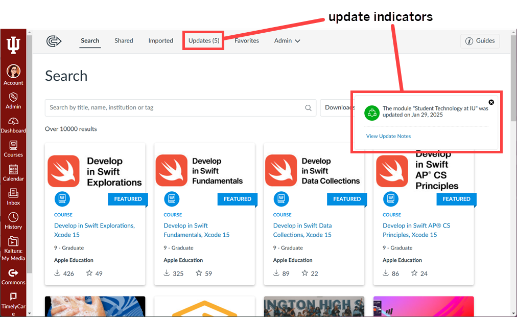 Canvas Commons page showing Updates indicator in navigation at top of screen and pop-up notification about course update in upper right corner of screen.
