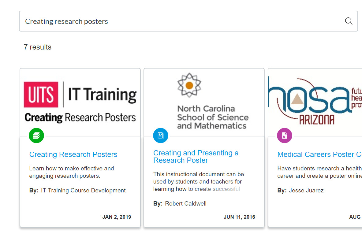 Search results in Canvas Commons, displaying the Creating Research Posters module.