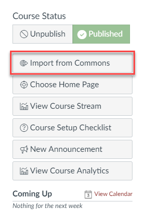 Screenshot of a portion of the Canvas interface, highlighting the Import from Commons button.
