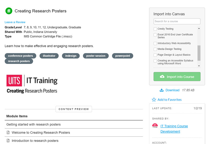 Screenshot of the Creating Research Posters module details