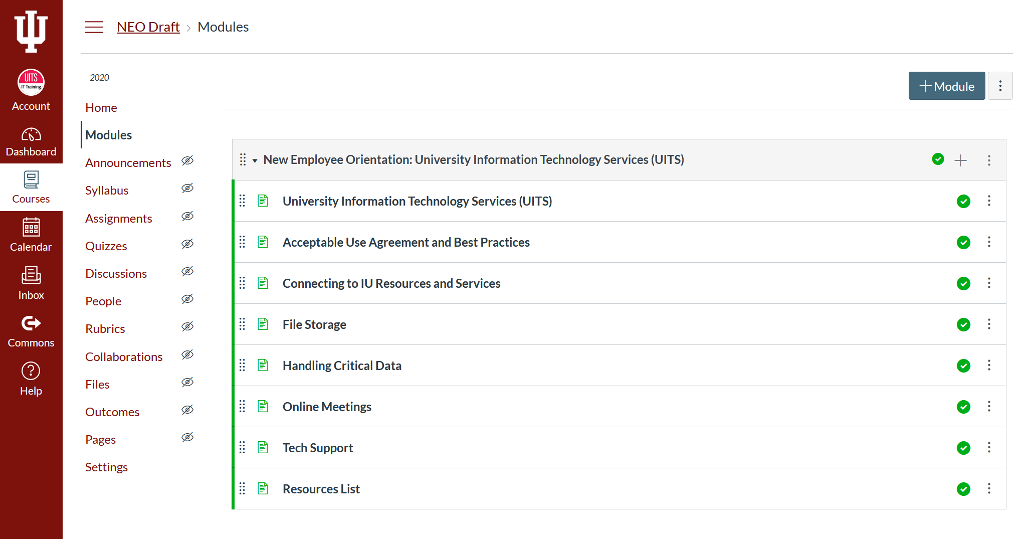 Section of the Modules page for a course in Canvas, showing one module that contains a number of pages.