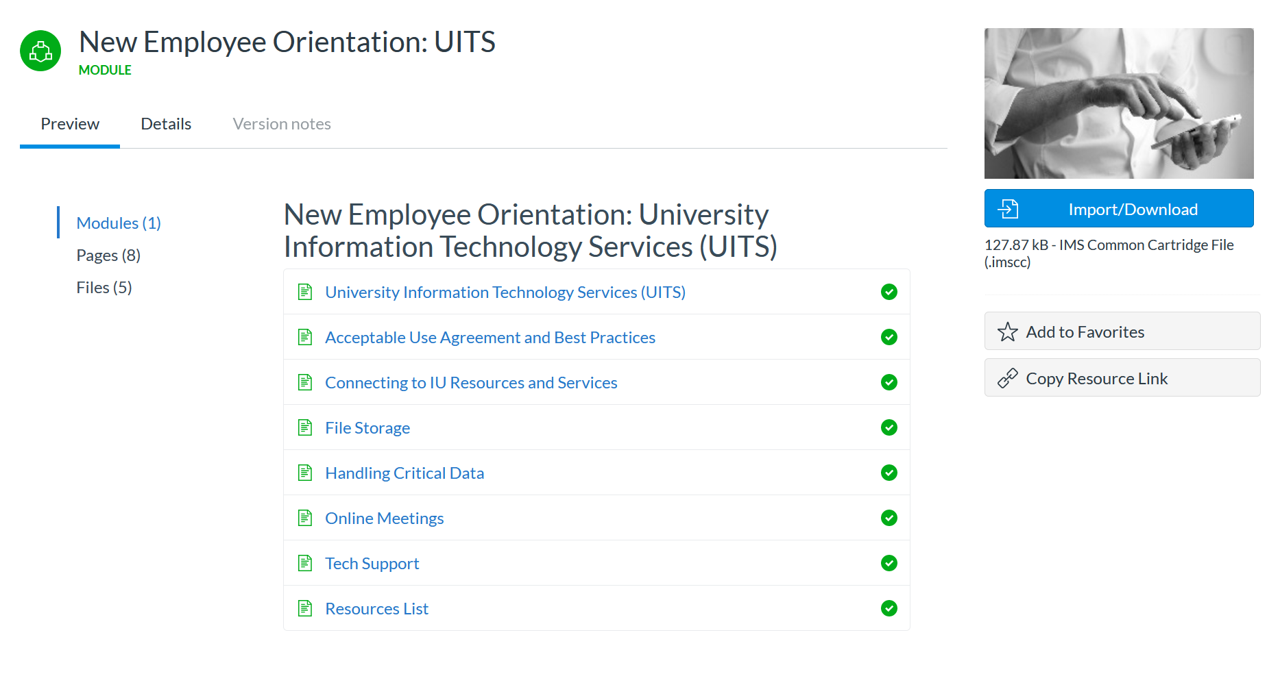 Preview of a shared module in Canvas Commons, showing a preview of the contents included in the module.